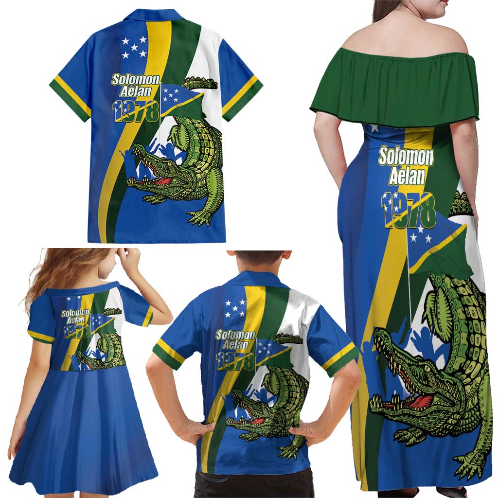 Solomon Islands Independence Day Family Matching Off Shoulder Maxi Dress and Hawaiian Shirt Happy 7 July Crocodile Flag Style