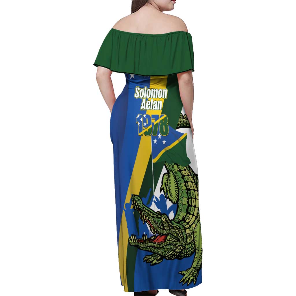 Solomon Islands Independence Day Family Matching Off Shoulder Maxi Dress and Hawaiian Shirt Happy 7 July Crocodile Flag Style