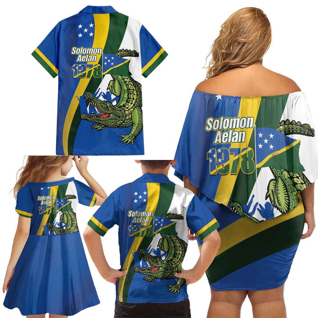 Solomon Islands Independence Day Family Matching Off Shoulder Short Dress and Hawaiian Shirt Happy 7 July Crocodile Flag Style