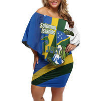 Solomon Islands Independence Day Family Matching Off Shoulder Short Dress and Hawaiian Shirt Happy 7 July Crocodile Flag Style