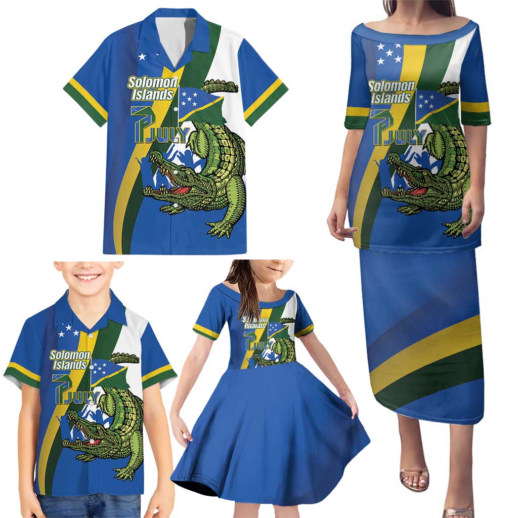 Solomon Islands Independence Day Family Matching Puletasi and Hawaiian Shirt Happy 7 July Crocodile Flag Style