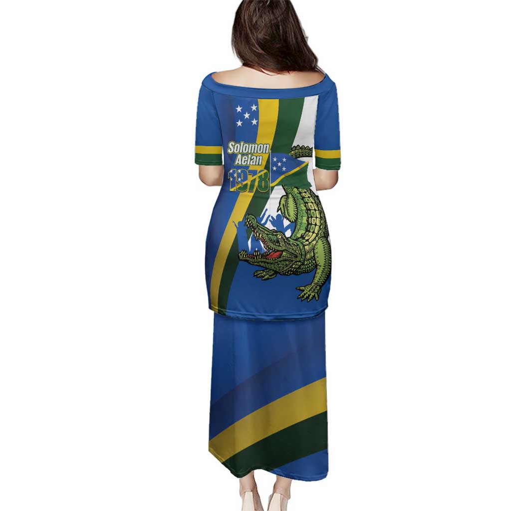 Solomon Islands Independence Day Family Matching Puletasi and Hawaiian Shirt Happy 7 July Crocodile Flag Style