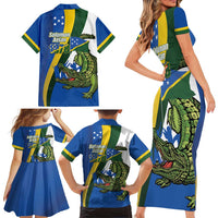 Solomon Islands Independence Day Family Matching Short Sleeve Bodycon Dress and Hawaiian Shirt Happy 7 July Crocodile Flag Style