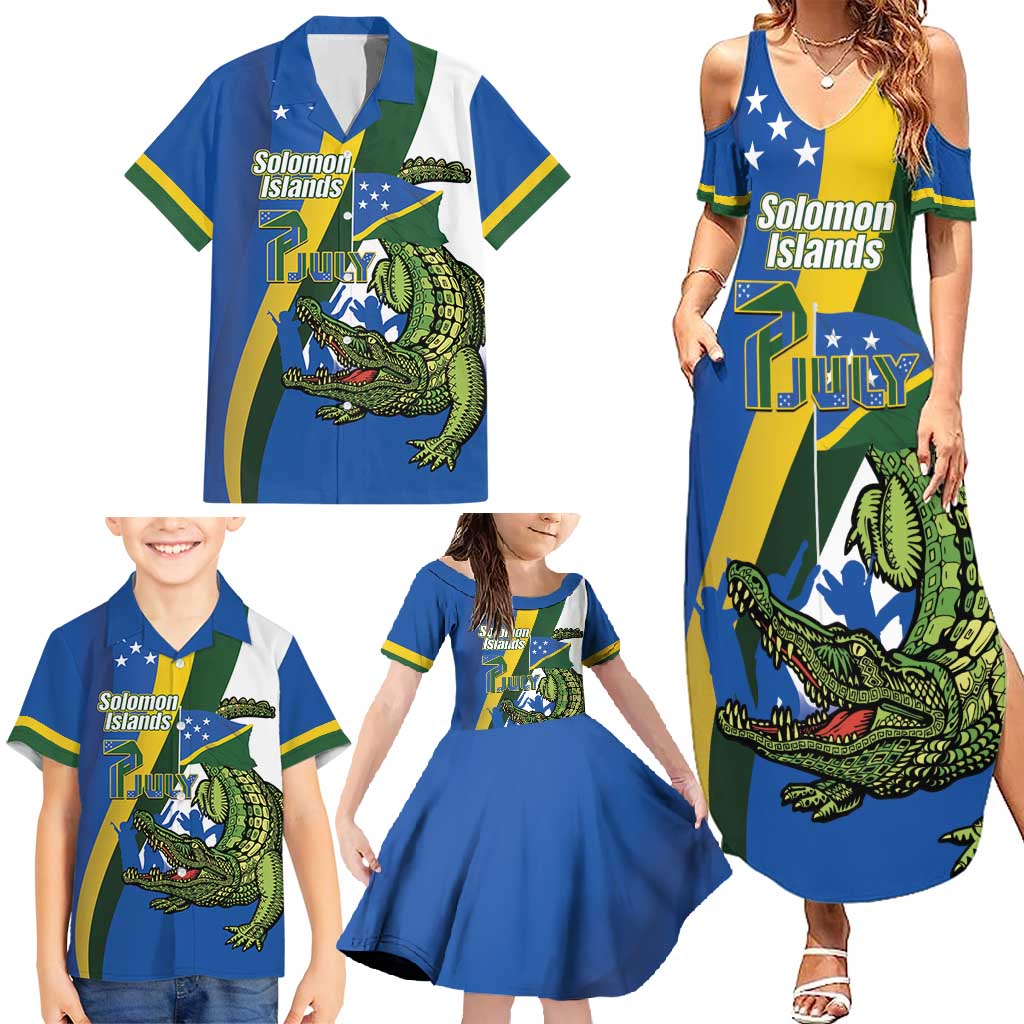 Solomon Islands Independence Day Family Matching Summer Maxi Dress and Hawaiian Shirt Happy 7 July Crocodile Flag Style