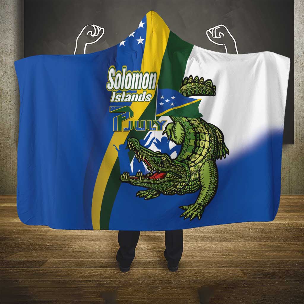 Solomon Islands Independence Day Hooded Blanket Happy 7 July Crocodile Flag Style