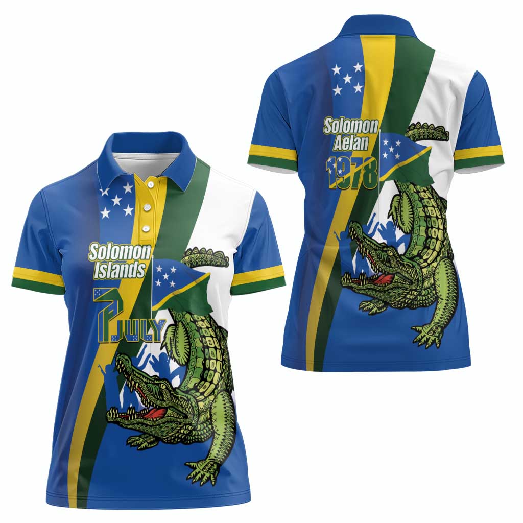 Solomon Islands Independence Day Women Polo Shirt Happy 7 July Crocodile Flag Style