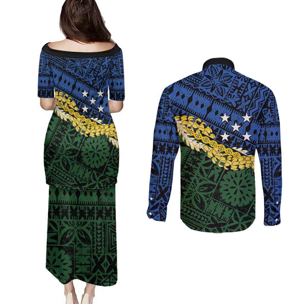 Halo Olaketa Solomon Islands Tapa Pattern Couples Matching Puletasi and Long Sleeve Button Shirt