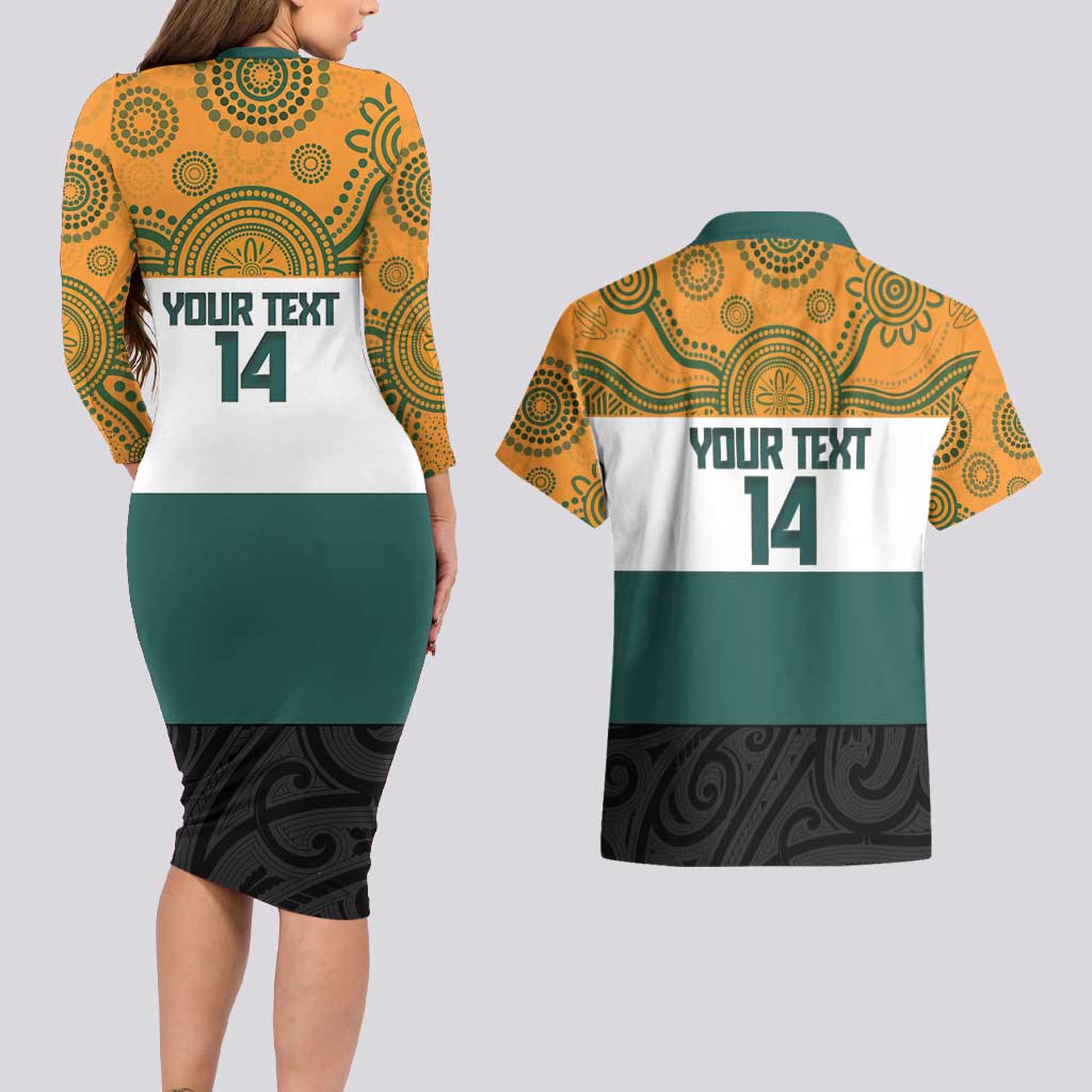 AUNZ Rugby Custom Couples Matching Long Sleeve Bodycon Dress and Hawaiian Shirt Australia Kangaroo New Zealand Silver Fern - Polynesian Pride