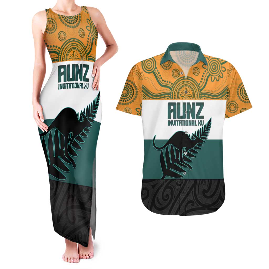 AUNZ Rugby Custom Couples Matching Tank Maxi Dress and Hawaiian Shirt Australia Kangaroo New Zealand Silver Fern - Polynesian Pride
