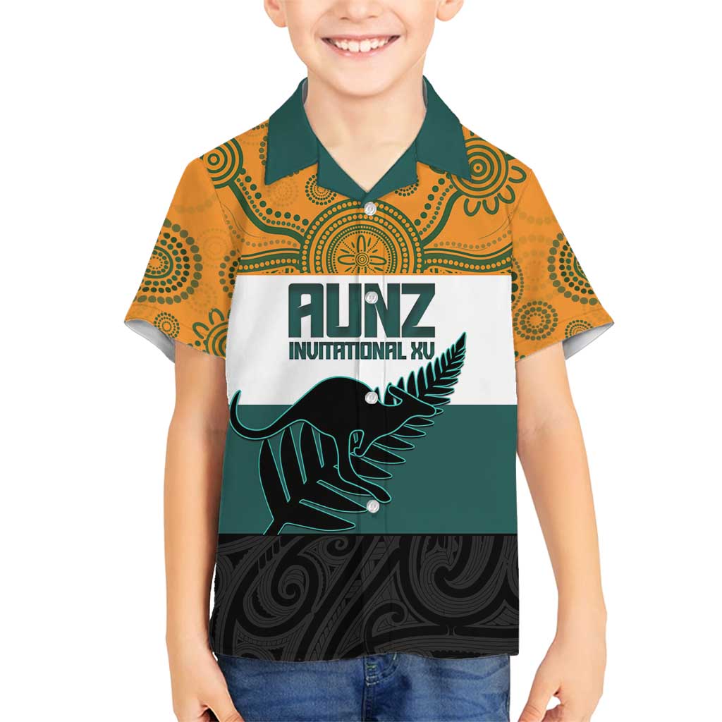 AUNZ Rugby Custom Family Matching Off Shoulder Maxi Dress and Hawaiian Shirt Australia Kangaroo New Zealand Silver Fern - Polynesian Pride