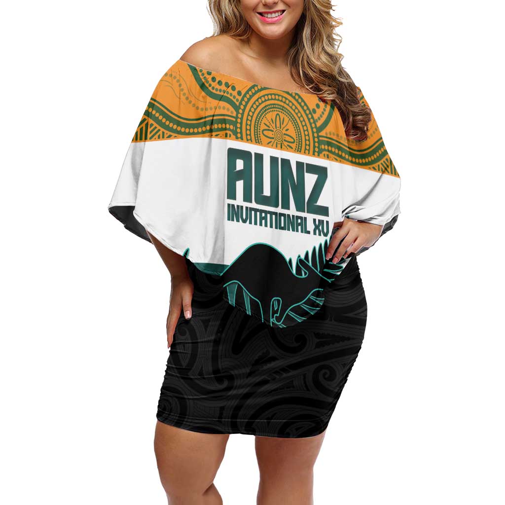 AUNZ Rugby Custom Family Matching Off Shoulder Short Dress and Hawaiian Shirt Australia Kangaroo New Zealand Silver Fern - Polynesian Pride