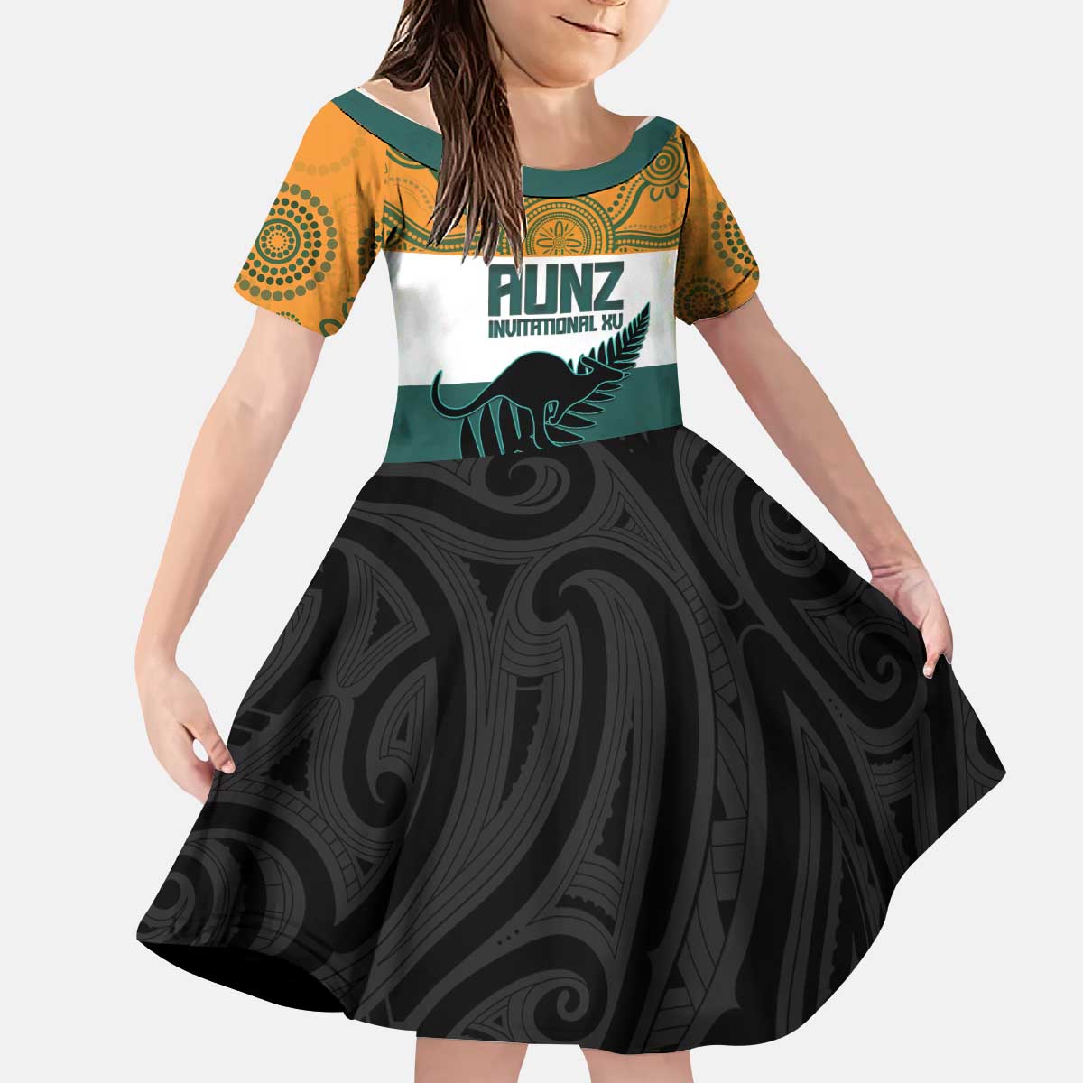 AUNZ Rugby Custom Kid Short Sleeve Dress Australia Kangaroo New Zealand Silver Fern - Polynesian Pride
