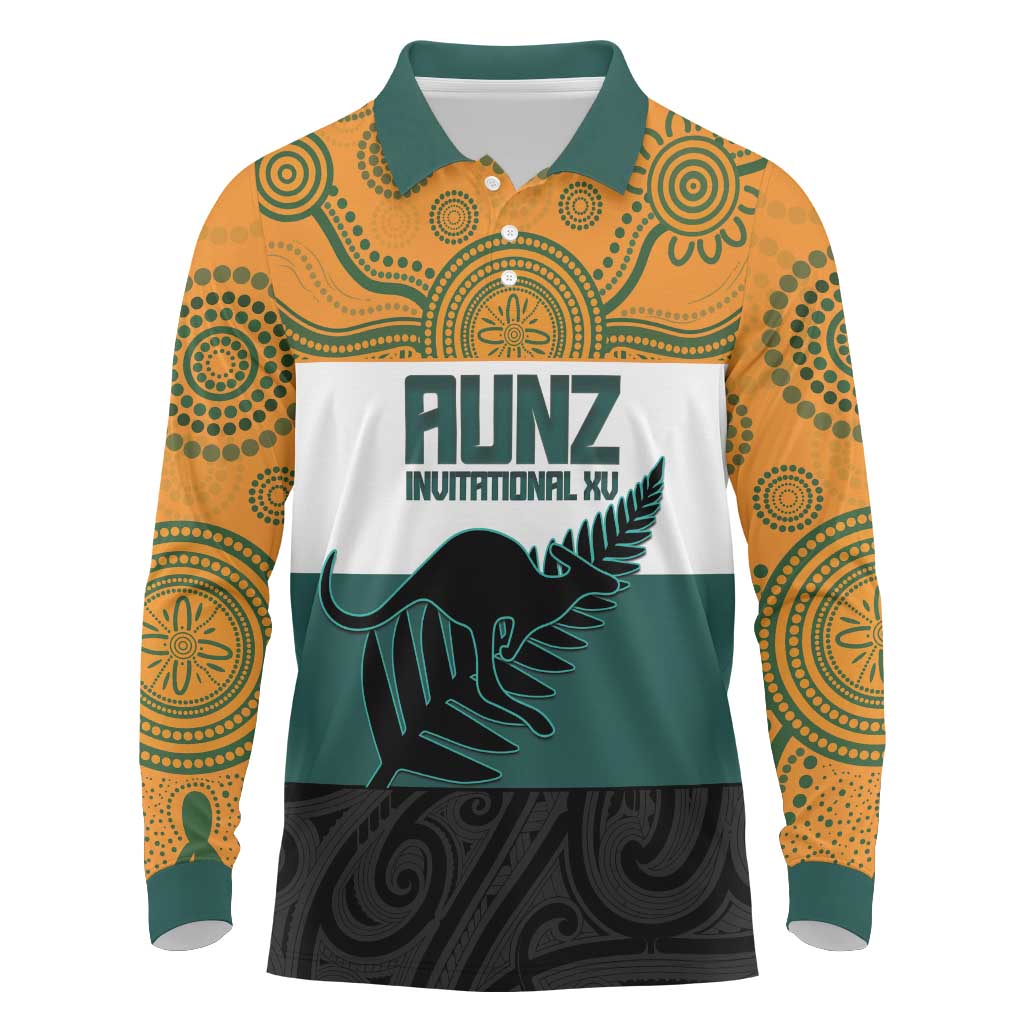 AUNZ Rugby Custom Long Sleeve Polo Shirt Australia Kangaroo New Zealand Silver Fern - Polynesian Pride