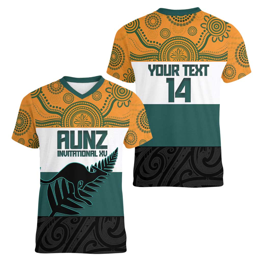 AUNZ Rugby Custom Women V-Neck T-Shirt Australia Kangaroo New Zealand Silver Fern - Polynesian Pride