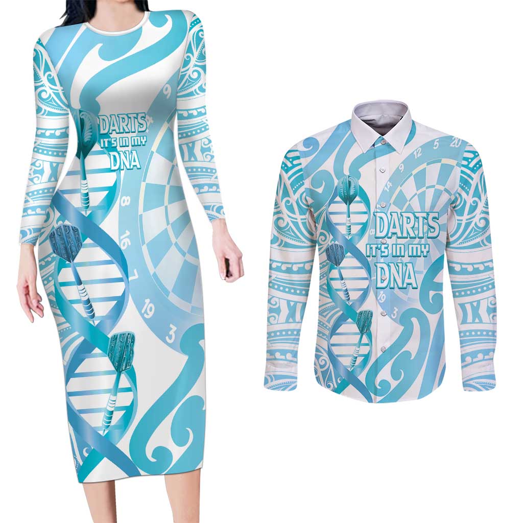Personalised New Zealand Darts Couples Matching Long Sleeve Bodycon Dress and Long Sleeve Button Shirt Aotearoa Maori Its In My DNA White - Polynesian Pride