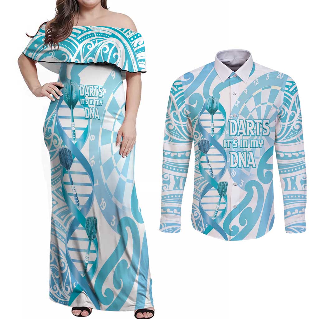 Personalised New Zealand Darts Couples Matching Off Shoulder Maxi Dress and Long Sleeve Button Shirt Aotearoa Maori Its In My DNA White - Polynesian Pride