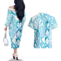 Personalised New Zealand Darts Couples Matching Off The Shoulder Long Sleeve Dress and Hawaiian Shirt Aotearoa Maori Its In My DNA White - Polynesian Pride