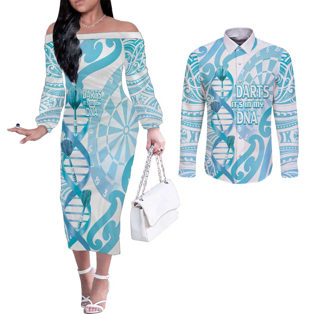Personalised New Zealand Darts Couples Matching Off The Shoulder Long Sleeve Dress and Long Sleeve Button Shirt Aotearoa Maori Its In My DNA White - Polynesian Pride