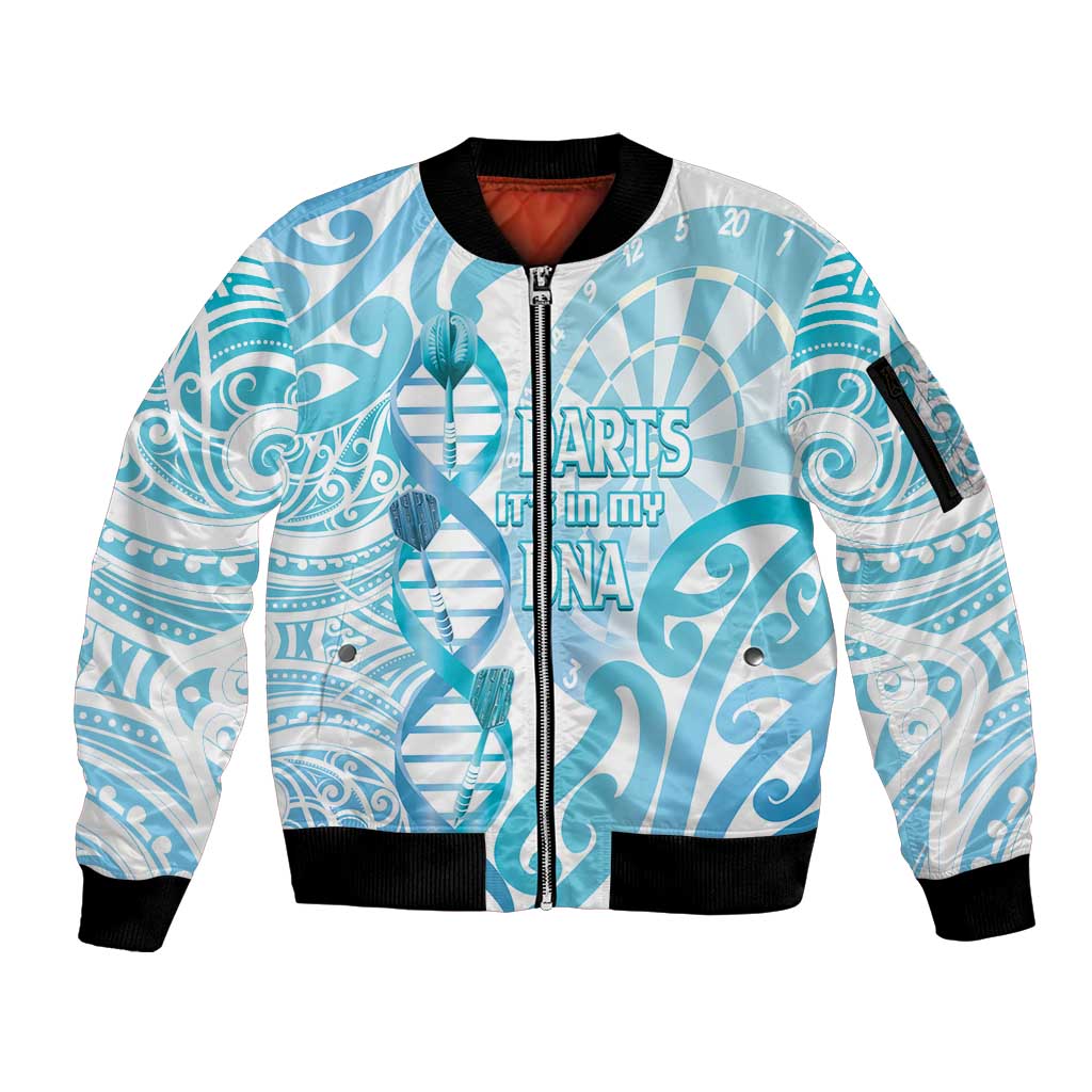 Personalised New Zealand Darts Sleeve Zip Bomber Jacket Aotearoa Maori Its In My DNA White - Polynesian Pride