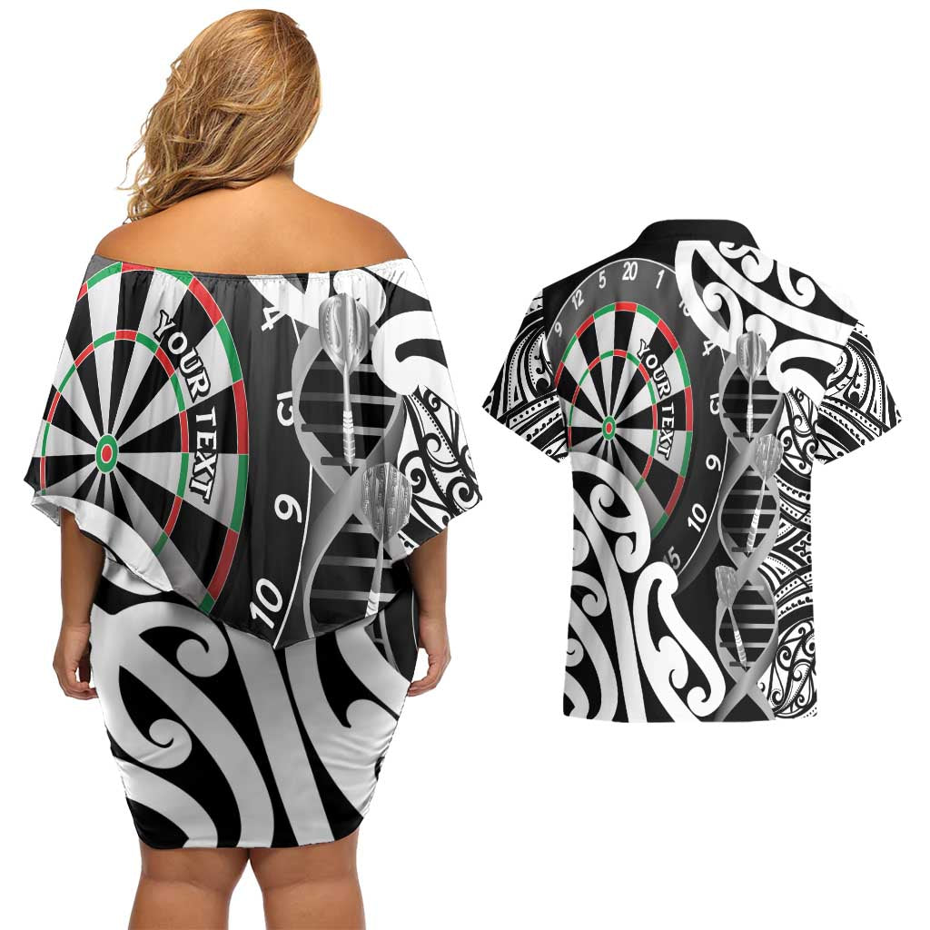 Personalised New Zealand Darts Couples Matching Off Shoulder Short Dress and Hawaiian Shirt Aotearoa Maori Its In My DNA Black - Polynesian Pride