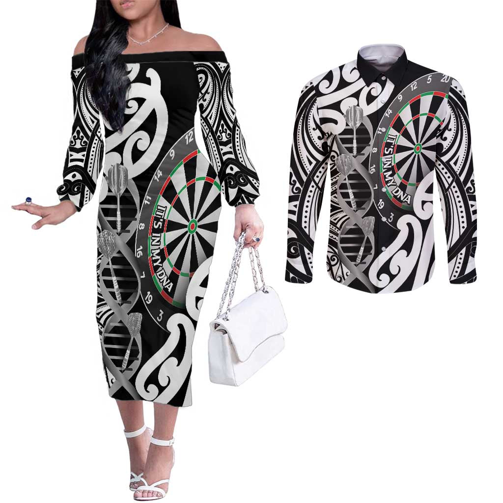 Personalised New Zealand Darts Couples Matching Off The Shoulder Long Sleeve Dress and Long Sleeve Button Shirt Aotearoa Maori Its In My DNA Black - Polynesian Pride