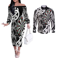 Personalised New Zealand Darts Couples Matching Off The Shoulder Long Sleeve Dress and Long Sleeve Button Shirt Aotearoa Maori Its In My DNA Black - Polynesian Pride