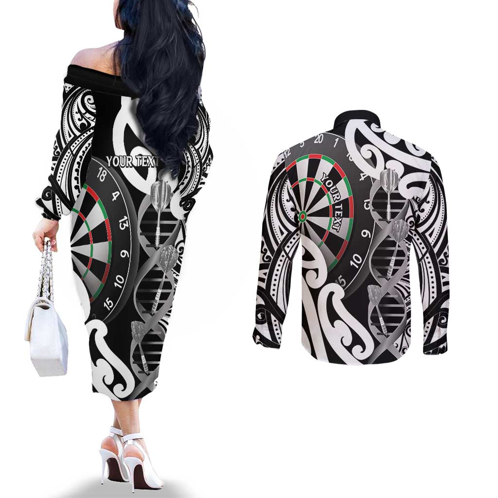 Personalised New Zealand Darts Couples Matching Off The Shoulder Long Sleeve Dress and Long Sleeve Button Shirt Aotearoa Maori Its In My DNA Black - Polynesian Pride
