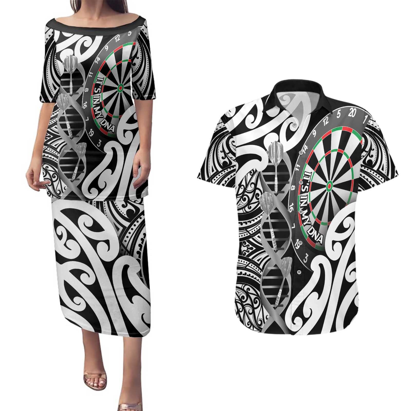 Personalised New Zealand Darts Couples Matching Puletasi and Hawaiian Shirt Aotearoa Maori Its In My DNA Black - Polynesian Pride