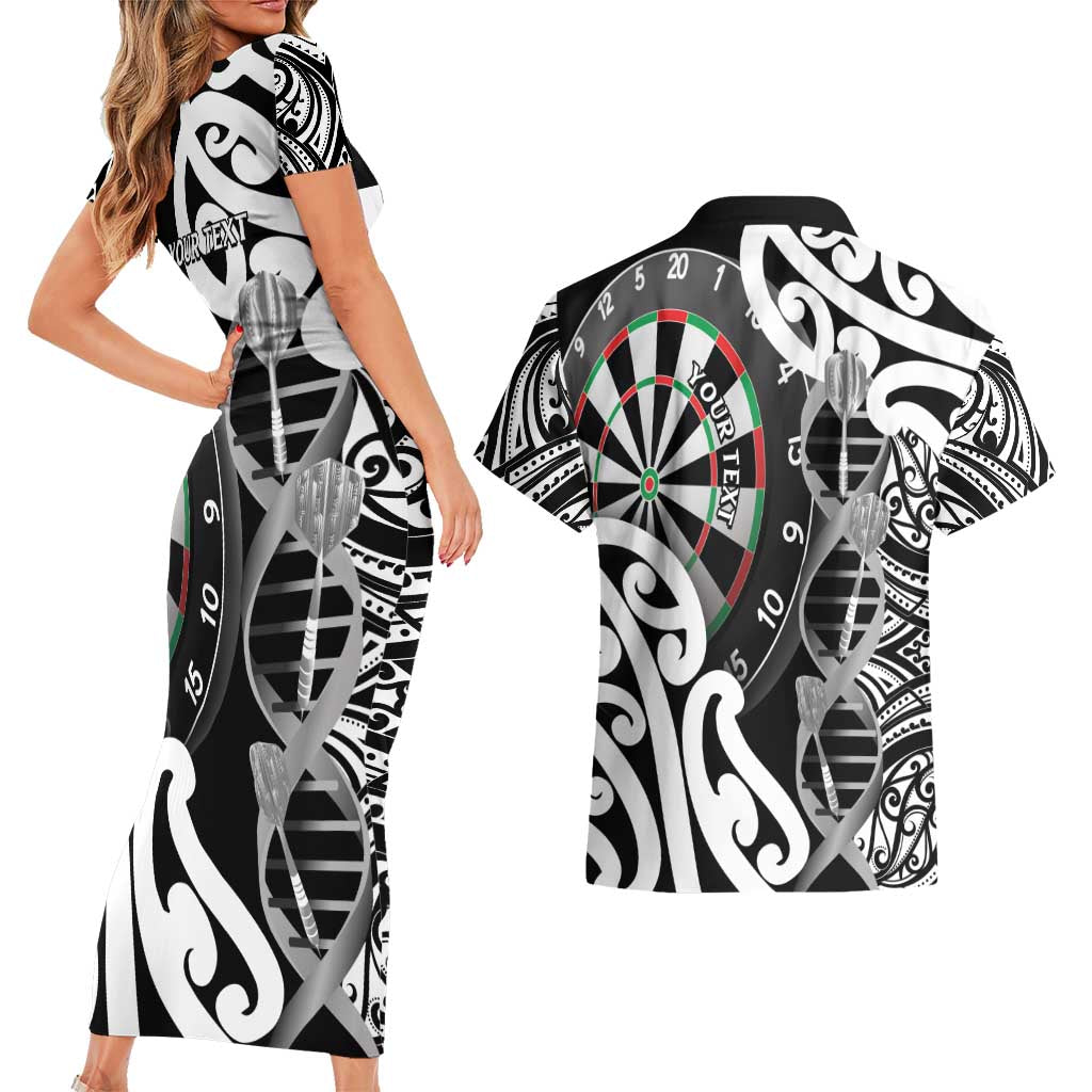 Personalised New Zealand Darts Couples Matching Short Sleeve Bodycon Dress and Hawaiian Shirt Aotearoa Maori Its In My DNA Black - Polynesian Pride
