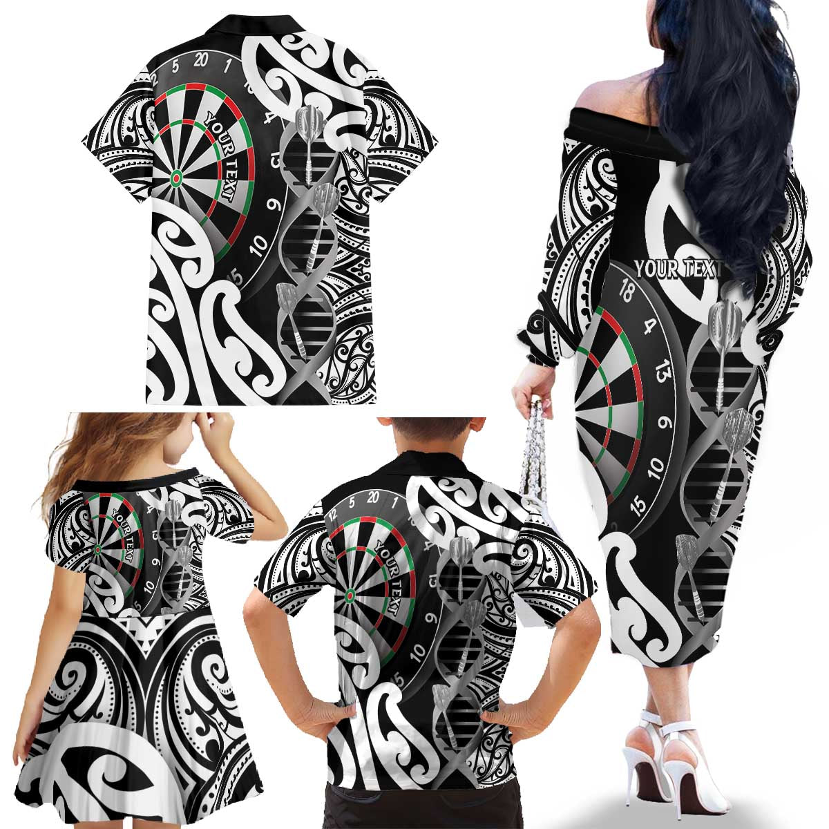 Personalised New Zealand Darts Family Matching Off The Shoulder Long Sleeve Dress and Hawaiian Shirt Aotearoa Maori Its In My DNA Black - Polynesian Pride