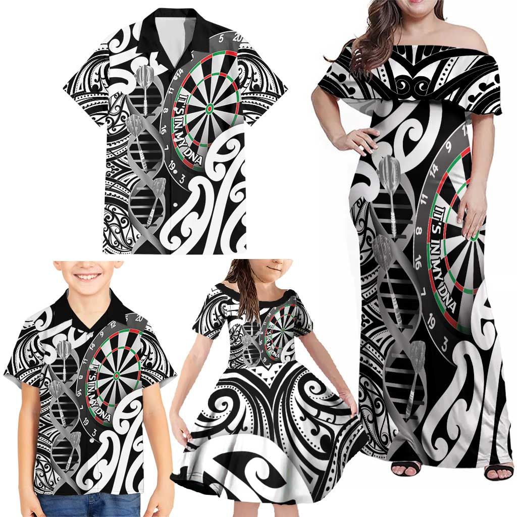 Personalised New Zealand Darts Family Matching Off Shoulder Maxi Dress and Hawaiian Shirt Aotearoa Maori Its In My DNA Black - Polynesian Pride