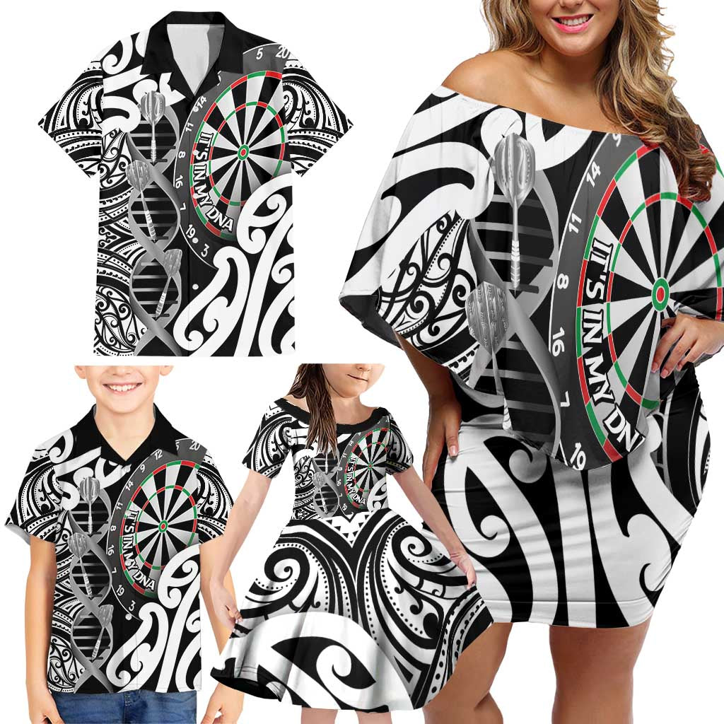 Personalised New Zealand Darts Family Matching Off Shoulder Short Dress and Hawaiian Shirt Aotearoa Maori Its In My DNA Black - Polynesian Pride