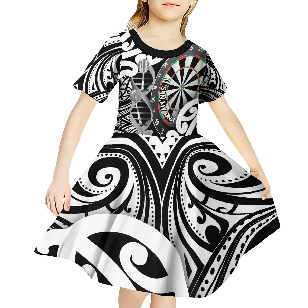 Personalised New Zealand Darts Kid Short Sleeve Dress Aotearoa Maori Its In My DNA Black - Polynesian Pride