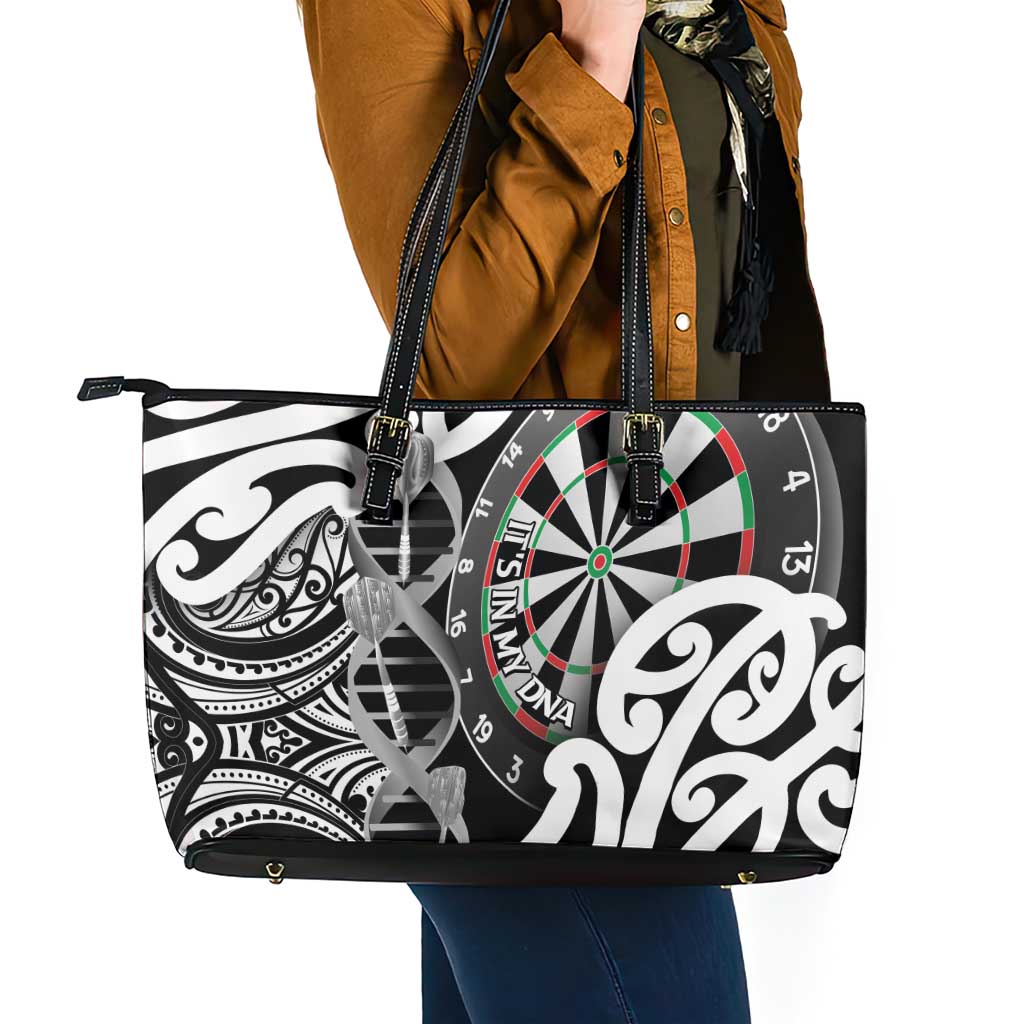 New Zealand Darts Leather Tote Bag Aotearoa Maori Its In My DNA Black - Polynesian Pride