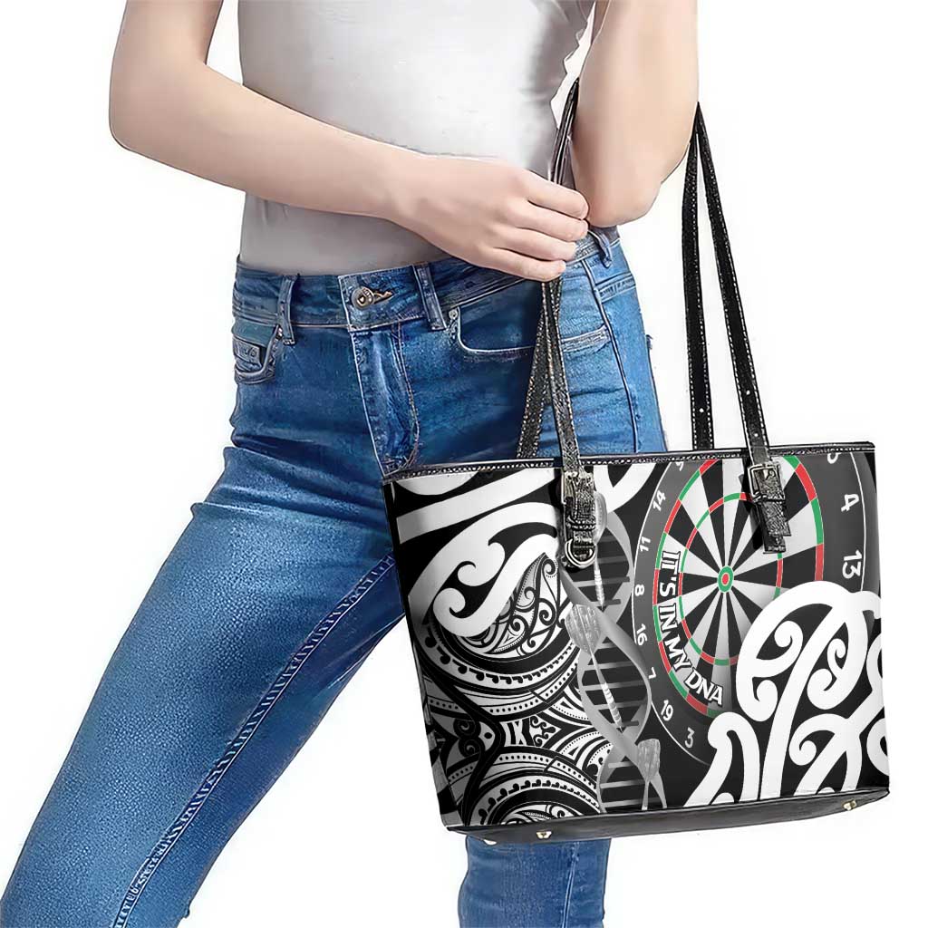 New Zealand Darts Leather Tote Bag Aotearoa Maori Its In My DNA Black - Polynesian Pride