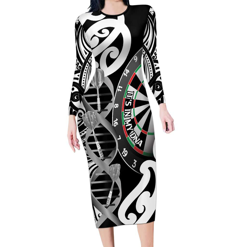 Personalised New Zealand Darts Long Sleeve Bodycon Dress Aotearoa Maori Its In My DNA Black - Polynesian Pride