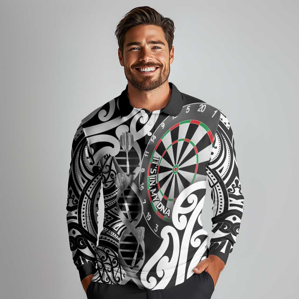 Personalised New Zealand Darts Long Sleeve Polo Shirt Aotearoa Maori Its In My DNA Black - Polynesian Pride