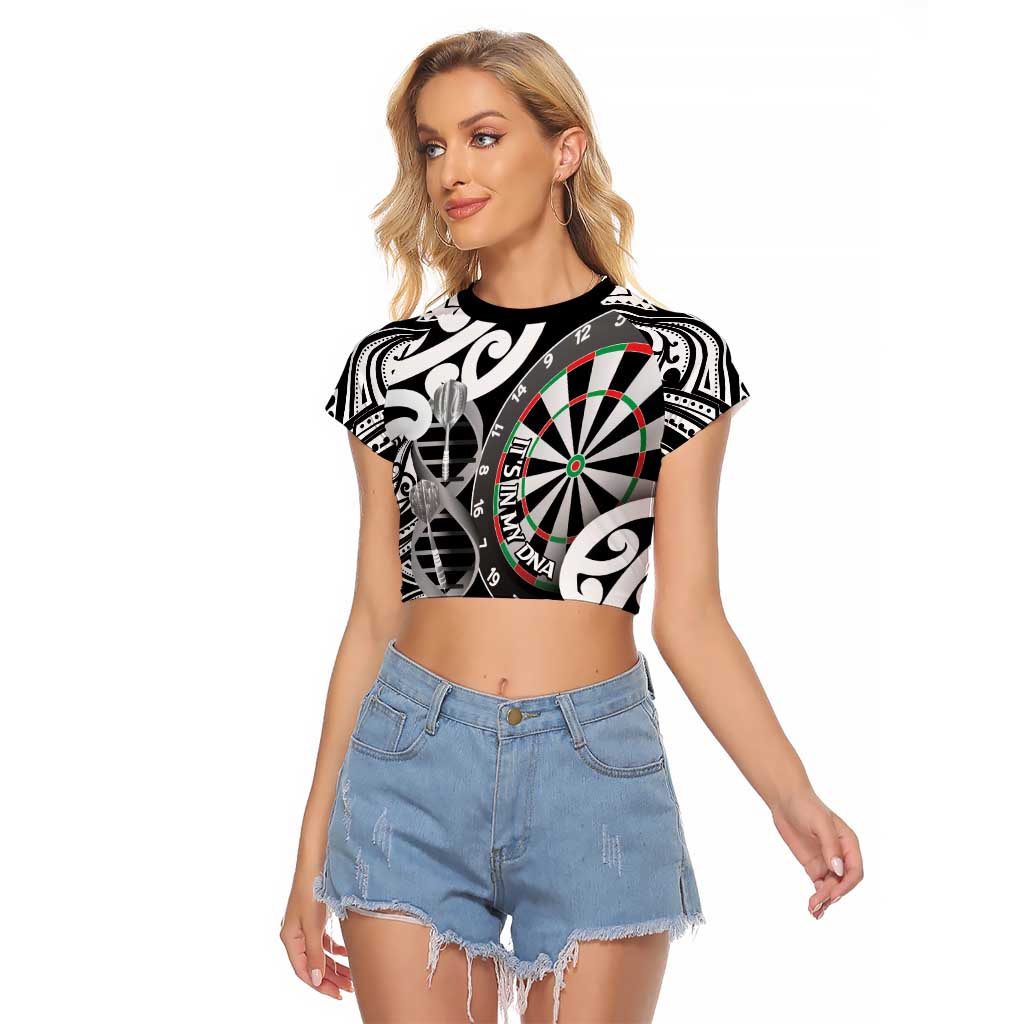 Personalised New Zealand Darts Raglan Cropped T Shirt Aotearoa Maori Its In My DNA Black - Polynesian Pride