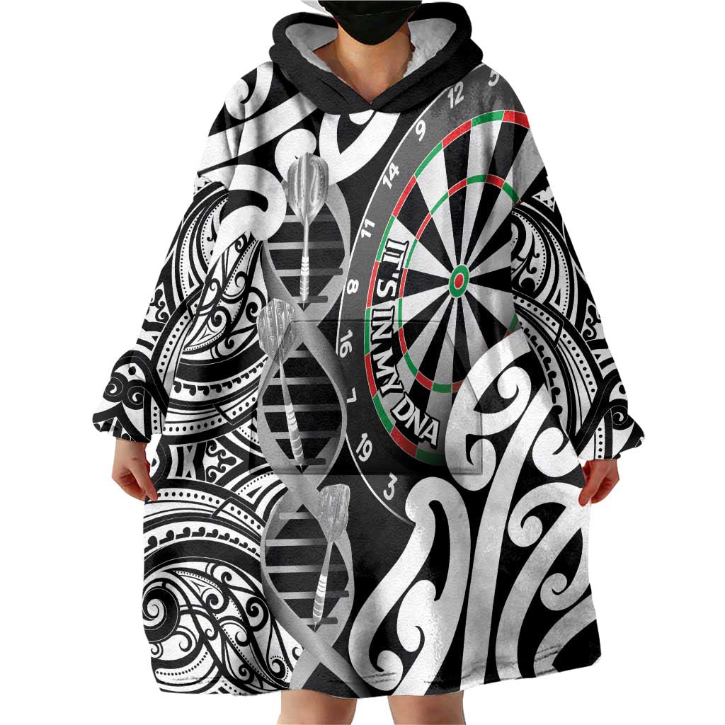Personalised New Zealand Darts Wearable Blanket Hoodie Aotearoa Maori Its In My DNA Black - Polynesian Pride