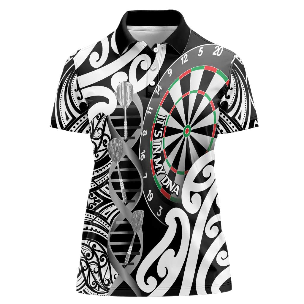Personalised New Zealand Darts Women Polo Shirt Aotearoa Maori Its In My DNA Black - Polynesian Pride