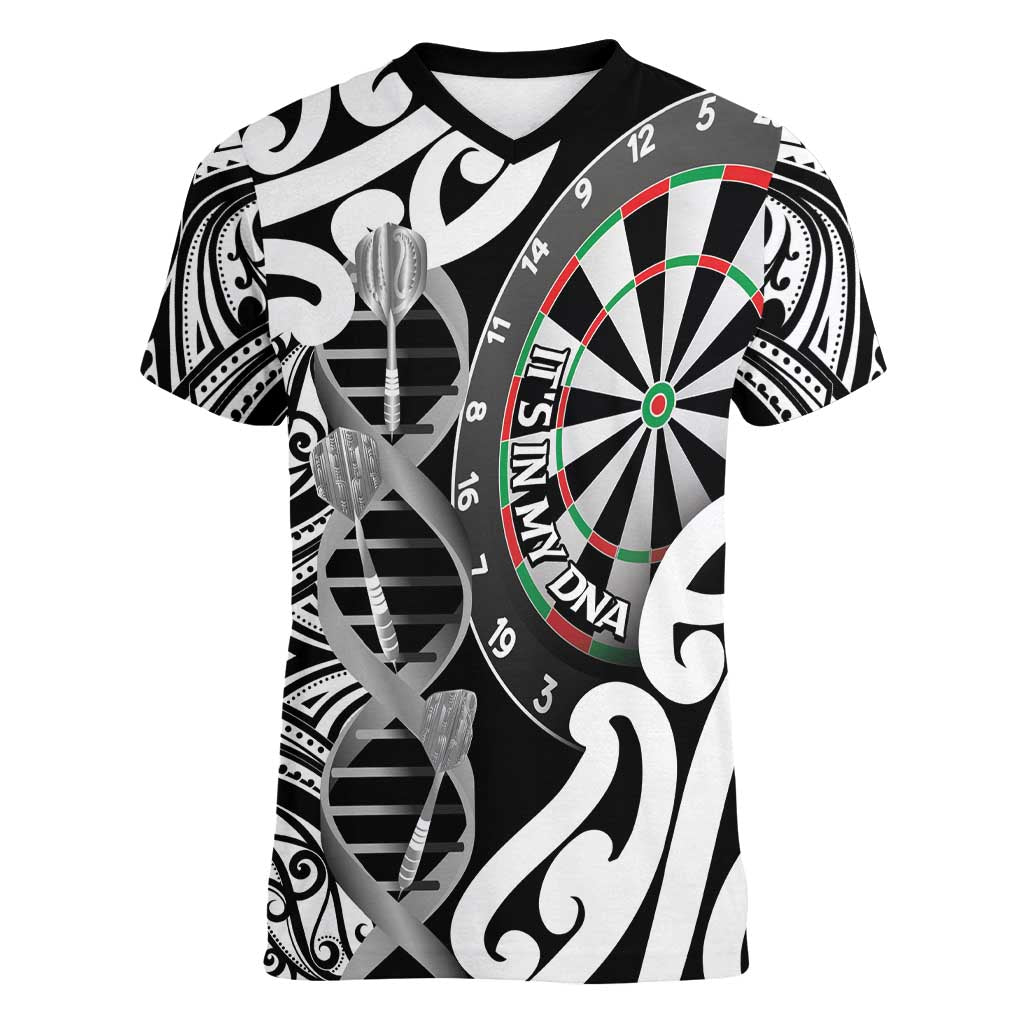 Personalised New Zealand Darts Women V-Neck T-Shirt Aotearoa Maori Its In My DNA Black - Polynesian Pride