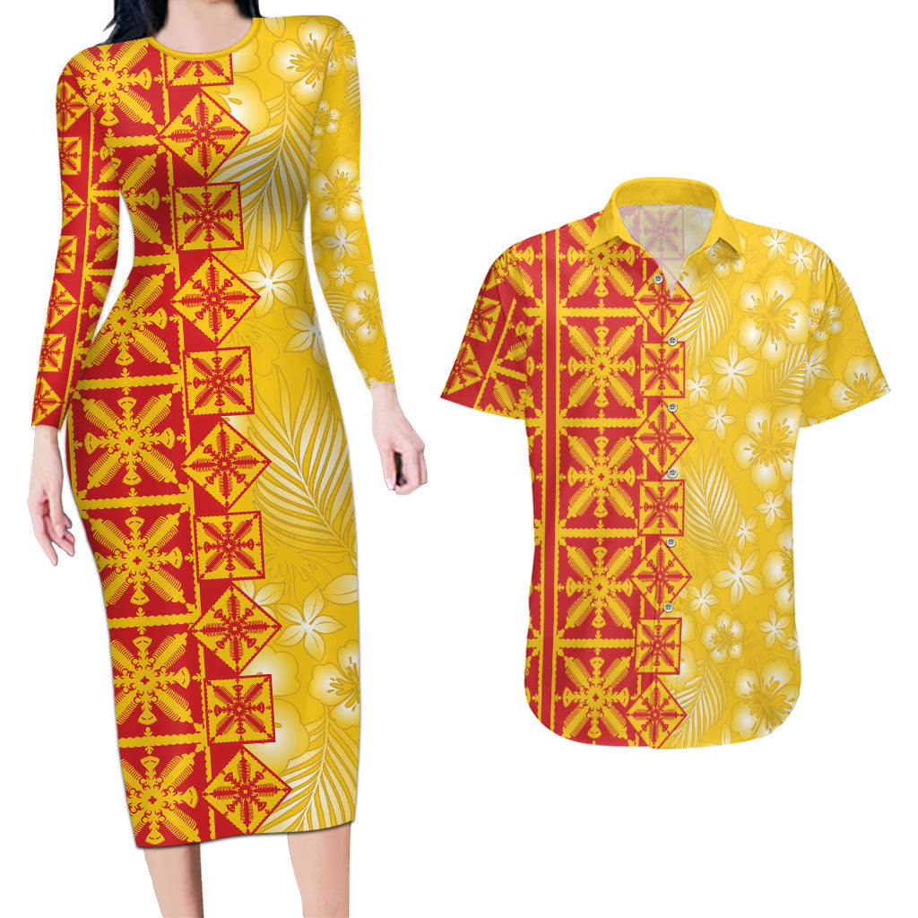 Kahili Quilt Hawaii Couples Matching Long Sleeve Bodycon Dress and Hawaiian Shirt Tropical Flower Seamless Half Style LT14 Yellow - Polynesian Pride