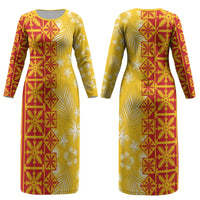Kahili Quilt Hawaii Couples Matching Long Sleeve Bodycon Dress and Hawaiian Shirt Tropical Flower Seamless Half Style LT14 - Polynesian Pride