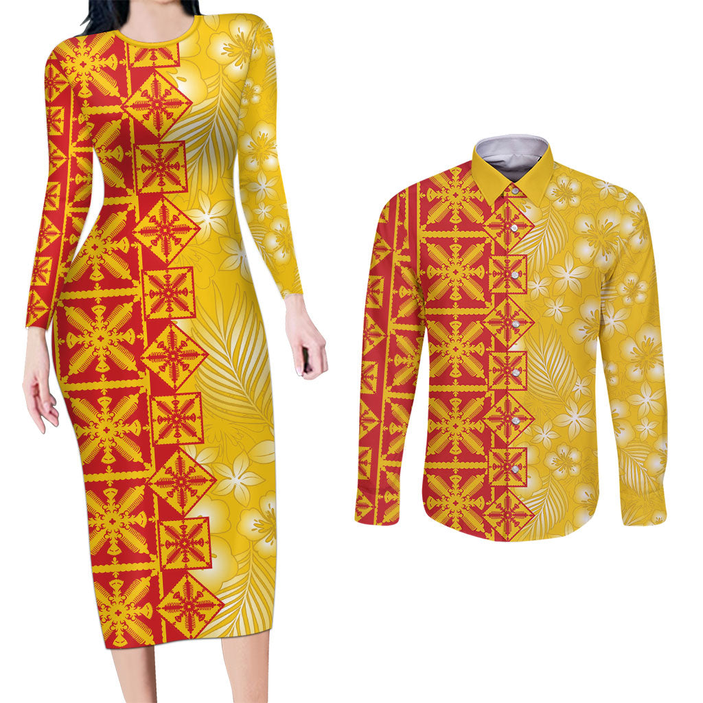 Kahili Quilt Hawaii Couples Matching Long Sleeve Bodycon Dress and Long Sleeve Button Shirt Tropical Flower Seamless Half Style LT14 Yellow - Polynesian Pride