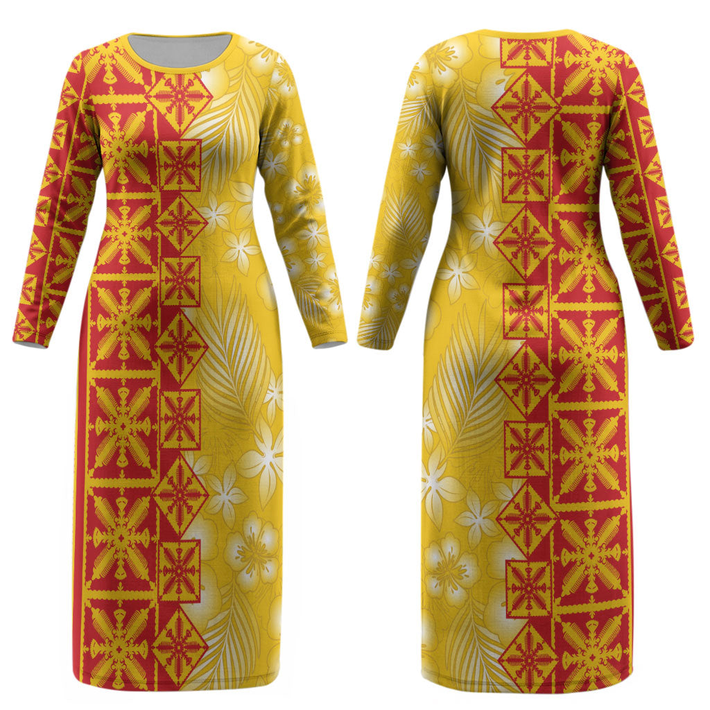 Kahili Quilt Hawaii Couples Matching Long Sleeve Bodycon Dress and Long Sleeve Button Shirt Tropical Flower Seamless Half Style LT14 - Polynesian Pride