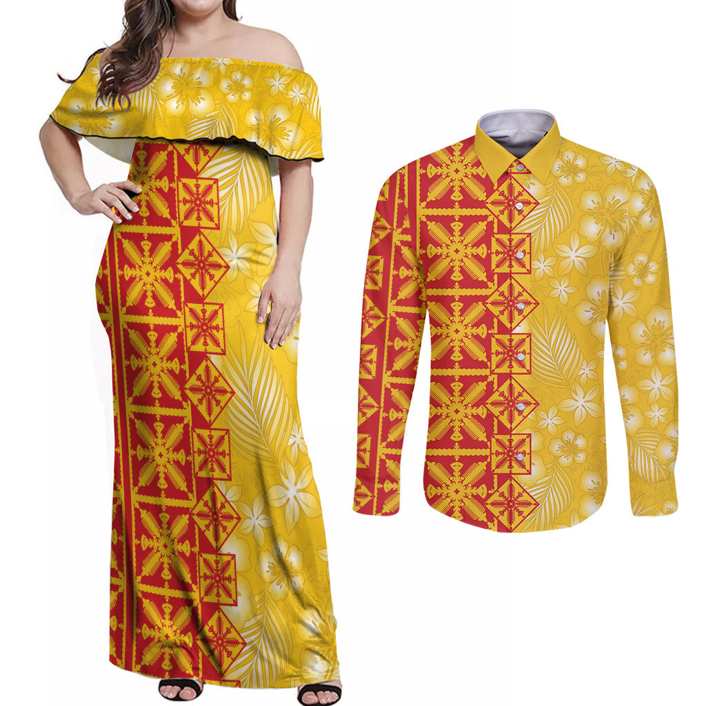 Kahili Quilt Hawaii Couples Matching Off Shoulder Maxi Dress and Long Sleeve Button Shirt Tropical Flower Seamless Half Style LT14 Yellow - Polynesian Pride