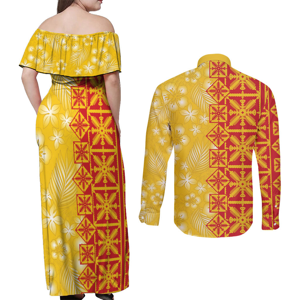 Kahili Quilt Hawaii Couples Matching Off Shoulder Maxi Dress and Long Sleeve Button Shirt Tropical Flower Seamless Half Style