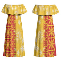 Kahili Quilt Hawaii Couples Matching Off Shoulder Maxi Dress and Long Sleeve Button Shirt Tropical Flower Seamless Half Style LT14 - Polynesian Pride