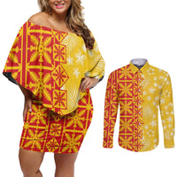 Kahili Quilt Hawaii Couples Matching Off Shoulder Short Dress and Long Sleeve Button Shirt Tropical Flower Seamless Half Style