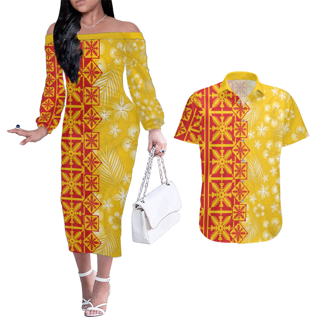 Kahili Quilt Hawaii Couples Matching Off The Shoulder Long Sleeve Dress and Hawaiian Shirt Tropical Flower Seamless Half Style